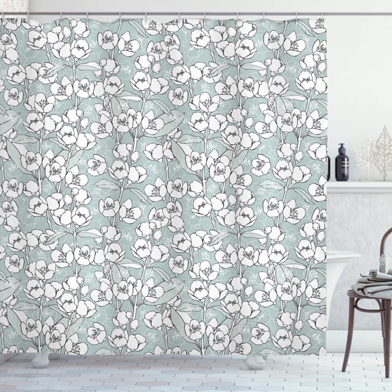 Jasmine Shower Curtain, Romantic Vintage Pattern with Blossoming Jasmine Flower Branches Image, Fabric Bathroom Set with Hooks, 69W X 84L Inches Extra Long, White Blue and Grey, by Ambesonne
