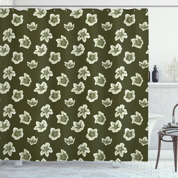 Jasmine Shower Curtain, Summer and Spring Garden Theme Jasmine Petals Pattern Image Print, Fabric Bathroom Set with Hooks, 69W X 75L Inches Long, Dark Green Pale Green White, by Ambesonne