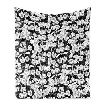 Jasmine Soft Flannel Fleece Blanket, Blossoming Jasmine Flowers Pattern in Packed and Repeating Form Design, Cozy Plush for Indoor and Outdoor Use, 50" x 70", Charcoal Grey and White, by Ambesonne
