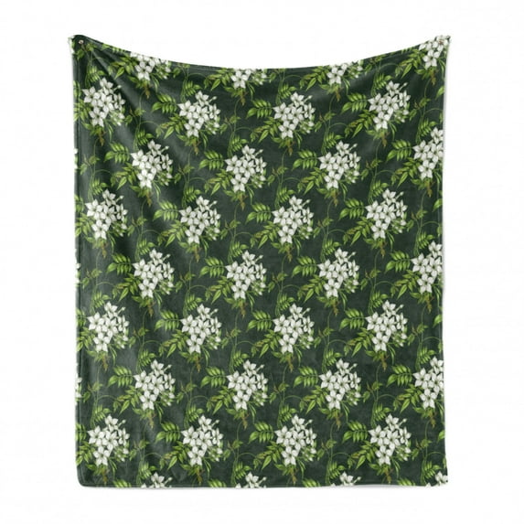 Jasmine Soft Flannel Fleece Throw Blanket, Bouquet of Jasmine Plants Flourishing on Fresh Branches, Cozy Plush for Indoor and Outdoor Use, 50" x 70", Apple Green Off White, by Ambesonne
