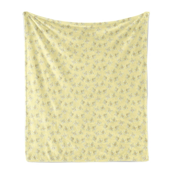Jasmine Soft Flannel Fleece Throw Blanket, Pastel Romance with Soft Repetitive Petals Botanical Bloom Pattern, Cozy Plush for Indoor and Outdoor Use, 70" x 90", Pale Yellow Pale Khaki, by Ambesonne