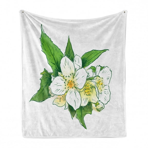 Jasmine Soft Flannel Fleece Throw Blanket, Watercolor Effect Jasmine Nosegay Print Freshness and Purity Theme, Cozy Plush for Indoor and Outdoor Use, 50" x 70", Lime Green White, by Ambesonne