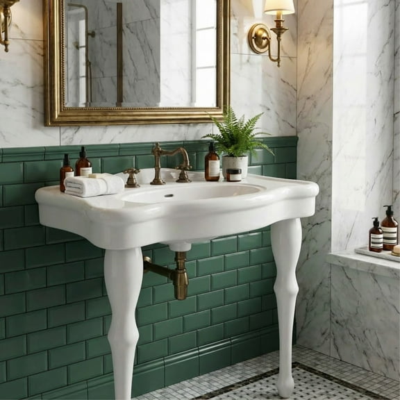 Jasmine White Console Bathroom Sink 32.5" Wide 2 Spindle Pedestal Leg Supports Heavy Duty Porcelain Wall Mount Console Sink w/Overflow and Widespread Faucet Holes | Renovators Supply