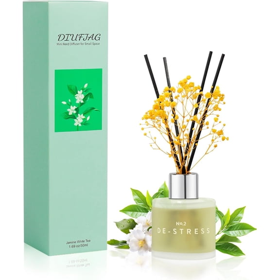 Jasmine White Tea Scent Diffuser, 1.7 oz Reed Diffuser with Dried Flower for Bathroom Small Place, Last up to 30 Days