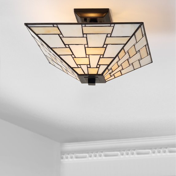 JONATHAN Y Jason 15.7" Tiffany-Style Glass/Metal LED Semi-Flush Mount, White/Cream, JYL8027A