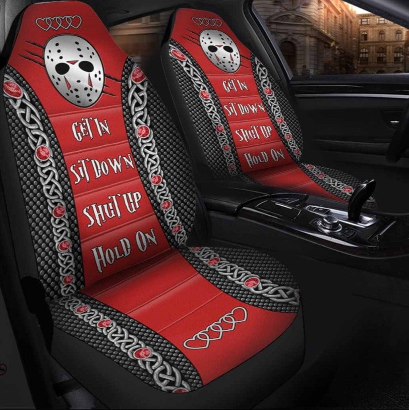 Jason Get In Sit Down Shut Up Hold On Voorh Car Seat Covers Set 2Pc With Foaming Lining, Halloween Decorative Automotive Car Decor. Horror Movies Halloween Car Decor
