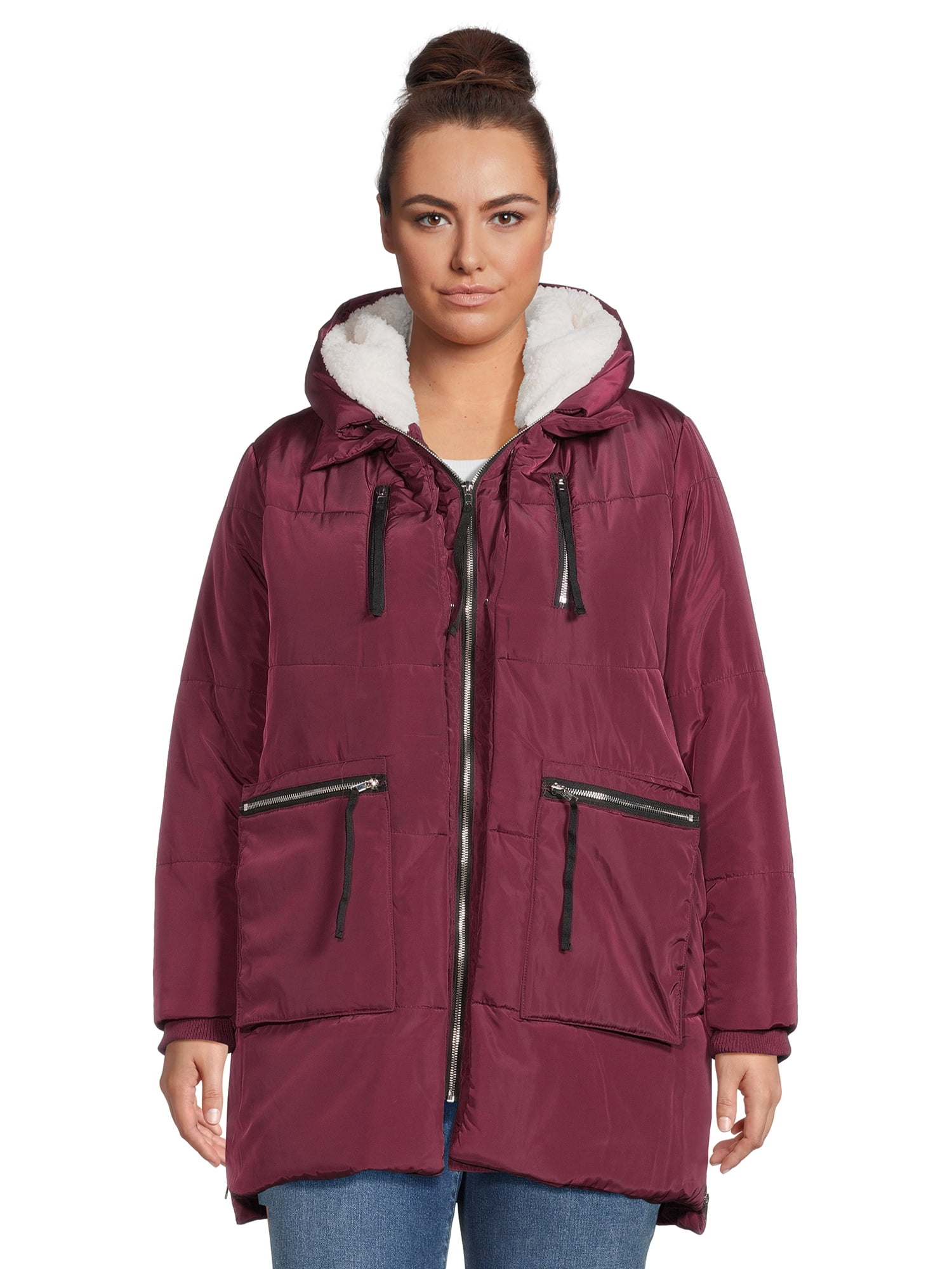 Faux sherpa hooded shop cinched waist puffer coat