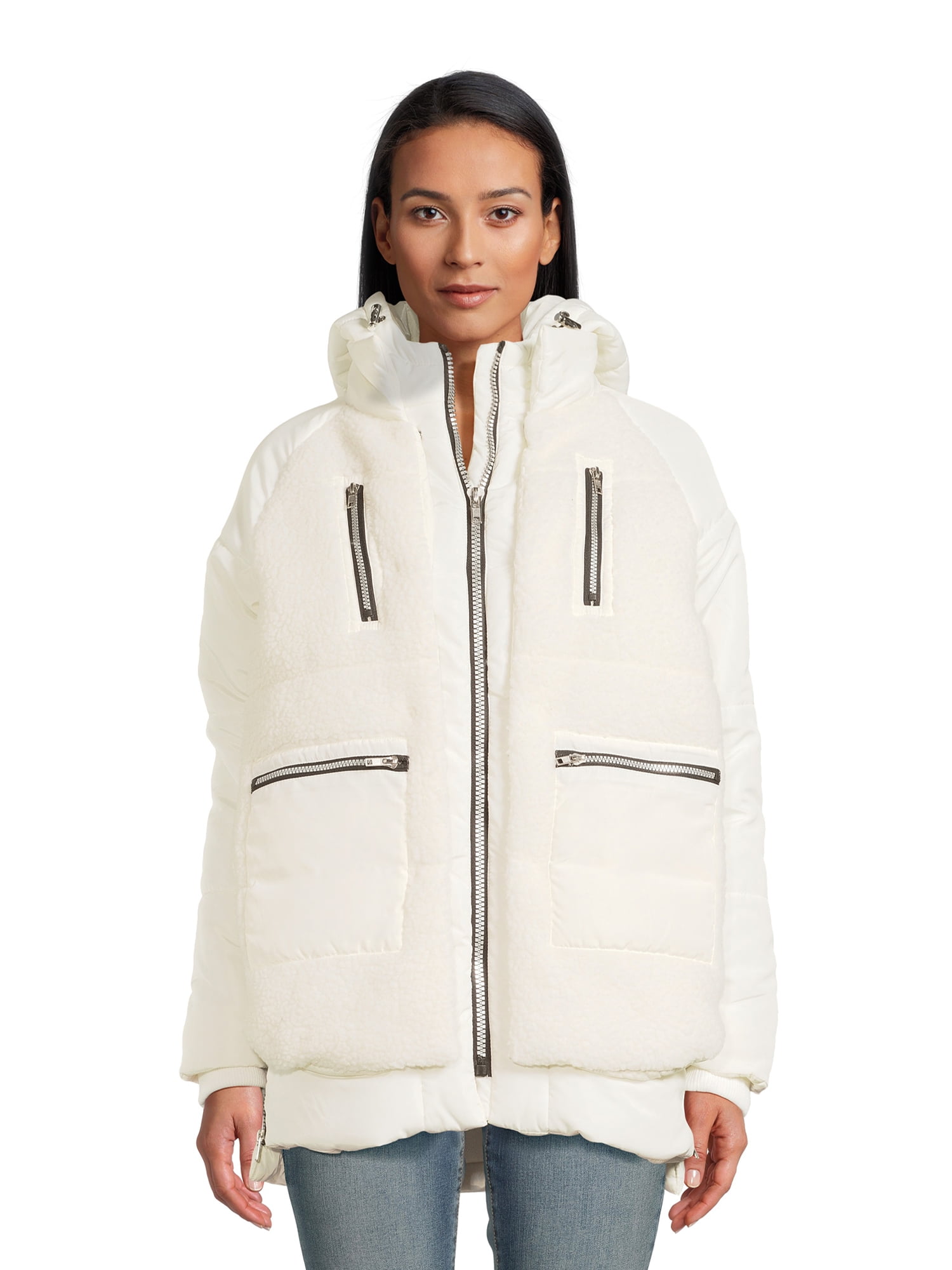 Jason Maxwell Women's Mixed Media Faux Sherpa Jacket with Hood