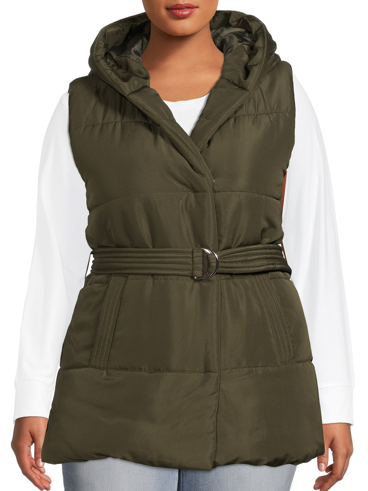 Jason Maxwell Women's Plus Size Belted Puffer Vest with Hood