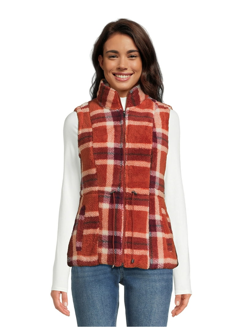 JASON MAXWELL Women's Teddy Plaid Full Zip Vest with Drawstring