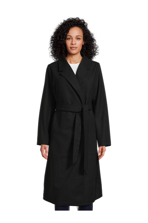 Women's and Women's Plus Long Coat with Tie Belt, Sizes S-3X