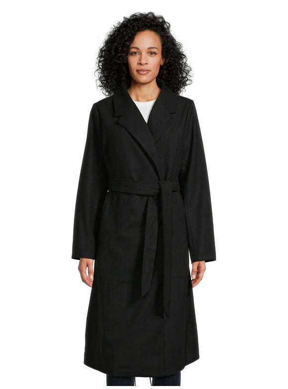 Women's and Women's Plus Long Coat with Tie Belt, Sizes S-3X