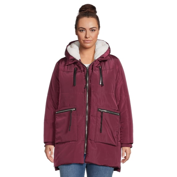 Jason Maxwell Women's and Women's Plus Puffer Coat with Faux Shearling Lined Hood, Sizes S-3X