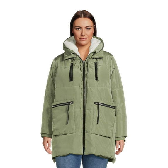 Jason Maxwell Women's and Women's Plus Puffer Coat with Faux Shearling Lined Hood, Sizes S-3X