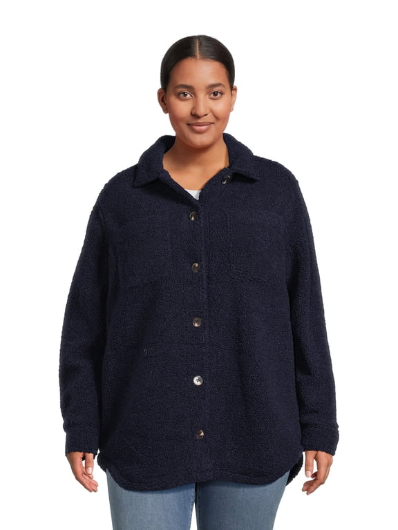 Women’s and Women’s Plus Size Faux Shearling Button Down Shacket, Sizes S-3X
