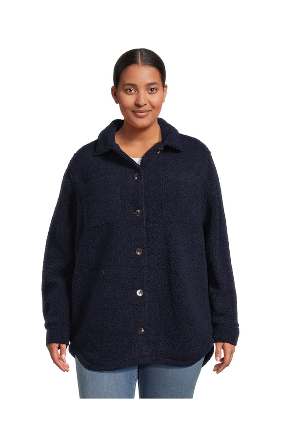Women’s and Women’s Plus Size Faux Shearling Button Down Shacket, Sizes S-3X