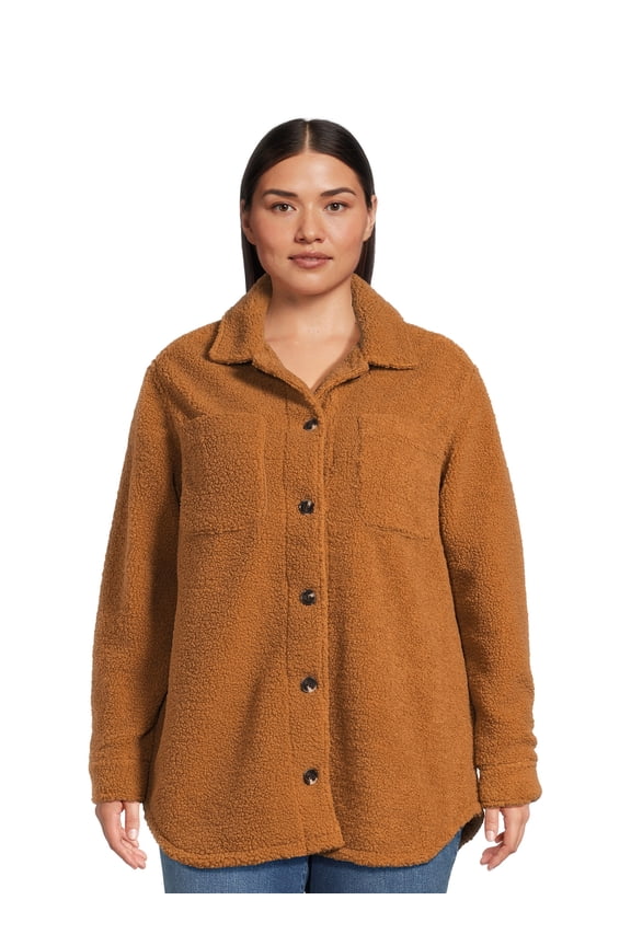 Women’s and Women’s Plus Size Faux Shearling Button Down Shacket, Sizes S-3X