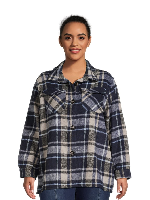 Women's and Women's Plus Size Plaid Button Down Shacket, Sizes S-3X