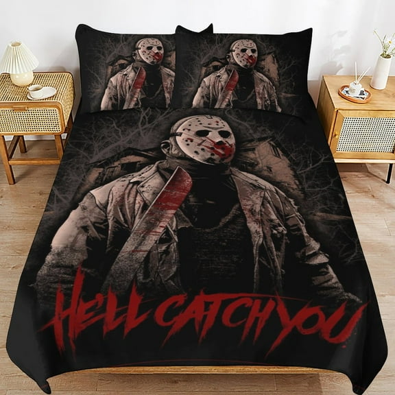 Jason Voorhees 3-Piece Twin Bedding Set,Friday the 13th Bed Set with 1 Duvet Cover and 2 Pillowcases for Girls Boys Women Men