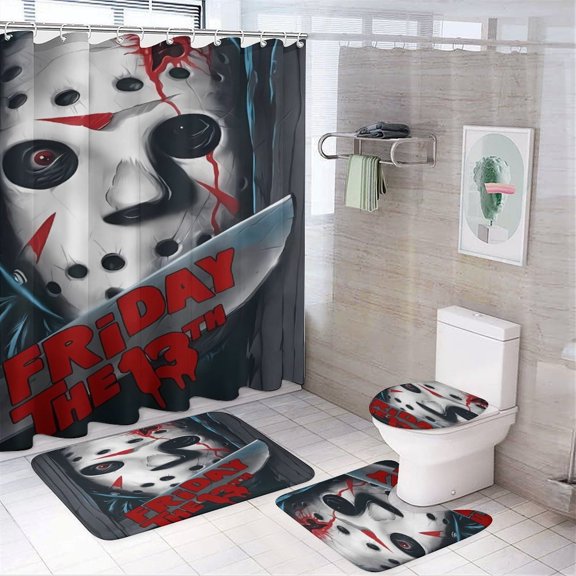 Jason Voorhees 4 Piece Bathroom Set Shower Curtain , Non-Slip Rugs , Toilet Lid Cover And Bath Mat with 12 Hooks for Bathroom Decor Possessing Multiple Functions Such As Anti-slip, Water Absorption,