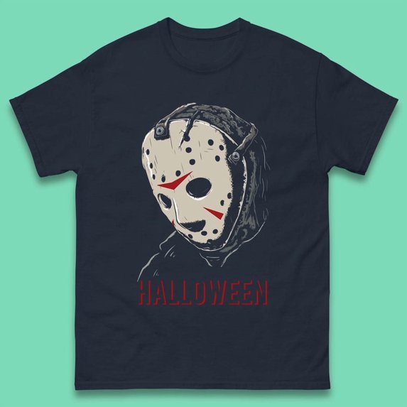 Jason Voorhees Face Mask Halloween Friday The 13th Horror Movie Character Mens Tee Top,Navy Color,Size M