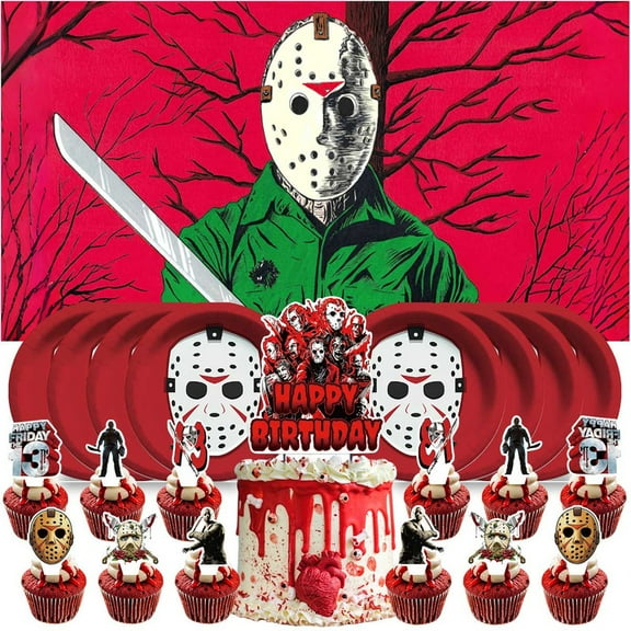 Jason Voorhees Friday The 13th Party Supplies Plates Decor Decorations Backdrop Background Banner Cake Topper