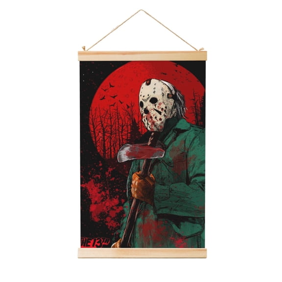 Jason Voorhees Friday the 13th Wooden Shaft Hanging Poster Home Decor Poster Wall Art Painting For Living Room Bedroom 36"X24"