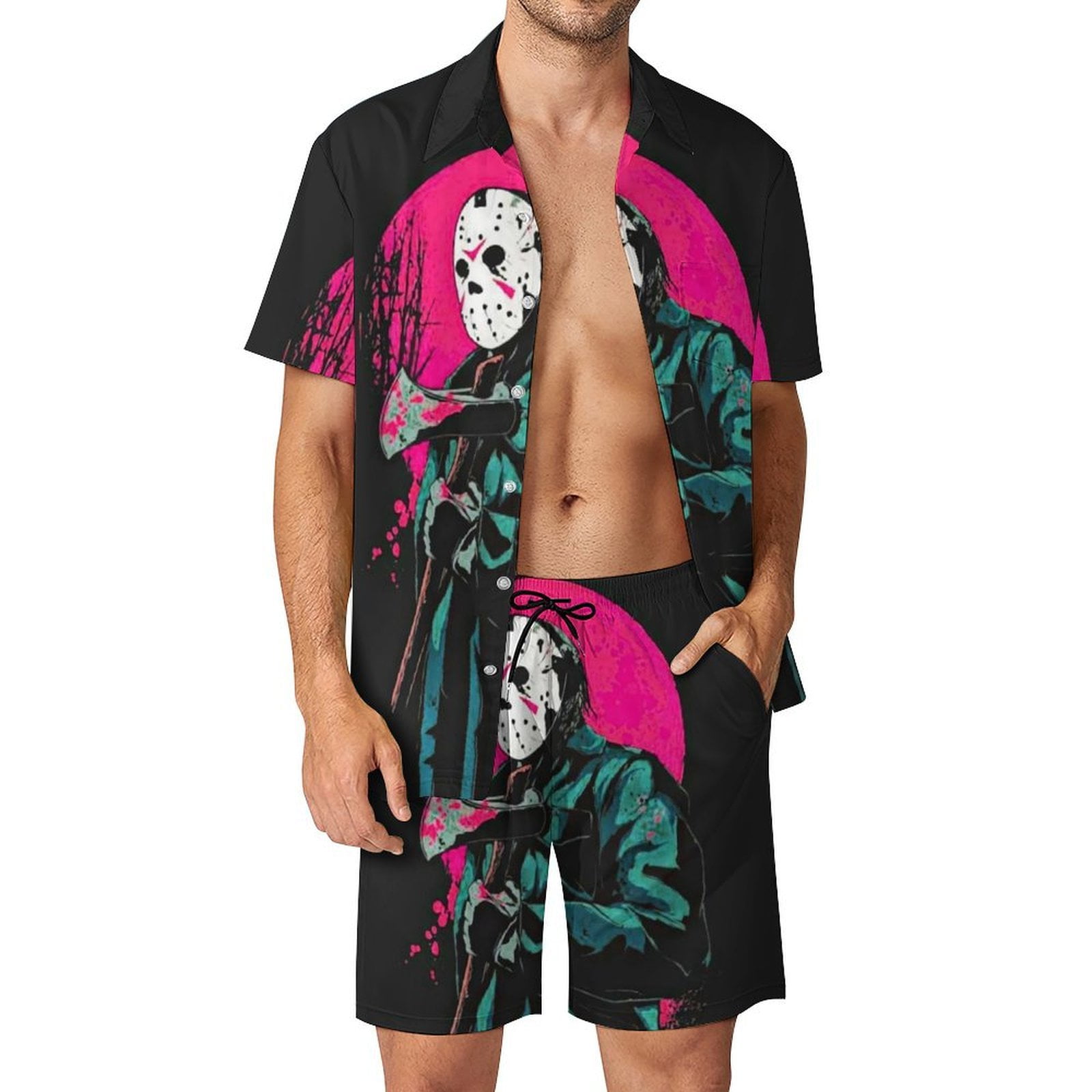 Jason Voorhees Men's Beach Suit 2 Piece Outfits Hawaiian Button Down ...