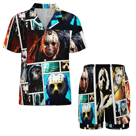 Jason Voorhees Pajamas Set Button Down 2 Piece Pjs Shorts Set Soft Loungewear Sleepwear for Men-XL