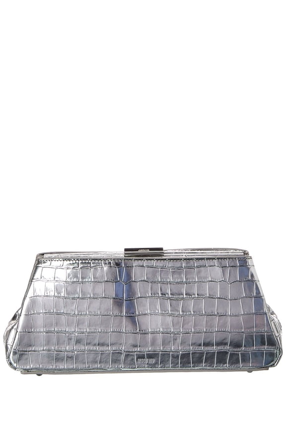 Croc-Embossed Leather Clutch, Silver