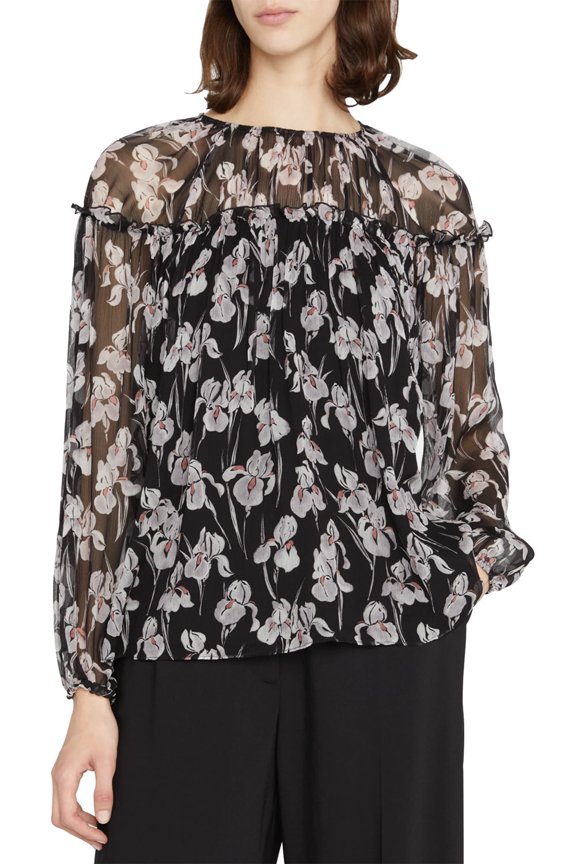 Womens Iris Ruffle-Trim Silk Blouse 4 Black Multi - NWT $395