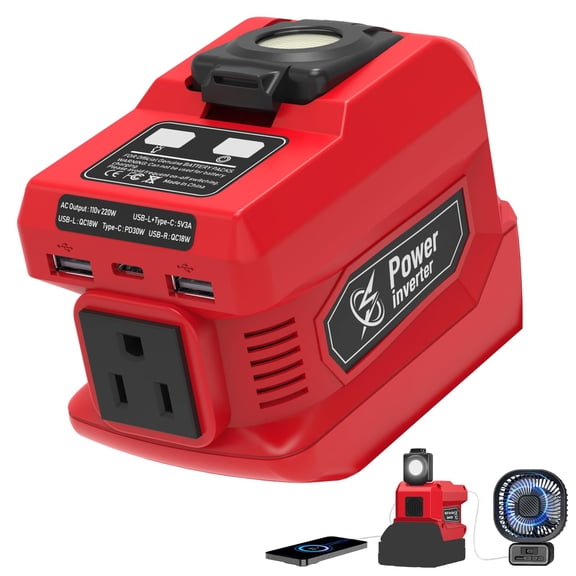 JasonDailyShop 220W Power Inverter Compatible with Milwaukee 18V Battery, DC 18V to AC 110V-120V Portable Power Generator, Inverter with 2 USB Ports 1 Type-C 1 AC Outlet, 400 Lumen Light
