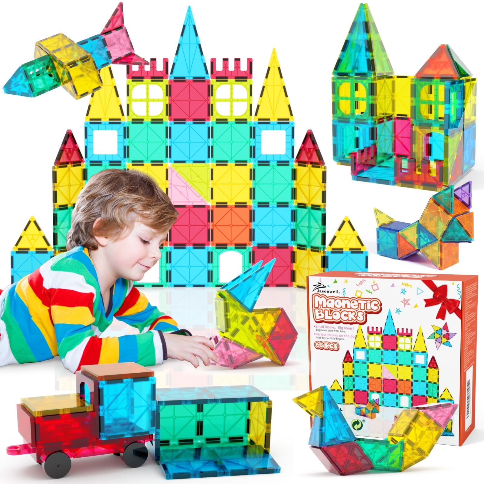 Jasonwell 65pcs Magnetic Tiles Building Blocks 3D Construction Set Magnet  Toys Preschool STEM Toy For Kids Toddlers 