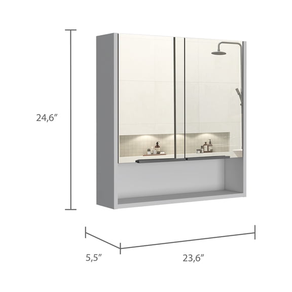 Jaspe Mirror Cabinet, Three Internal Shelves, One Open Shelf, Double Door Cabinet -White