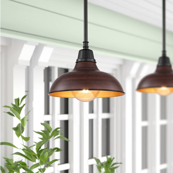 JONATHAN Y Jasper 12.25" 1-Light Farmhouse Industrial Indoor/Outdoor Iron LED Pendant, Wood Finish/Copper