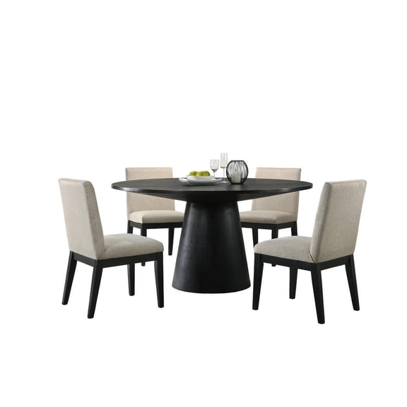 Lilola Home Jasper Ebony Black 5 Piece 59" Wide Contemporary Round Dining Table Set with Beige Fabric Chairs