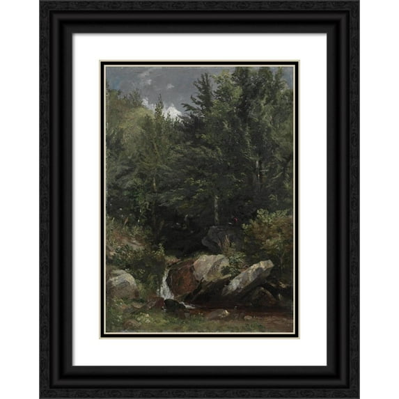 Jasper Francis Cropsey 18x24 Black Ornate Framed Double Matted Museum Art Print Titled: Trees and a Stream on a Hillside (1853)