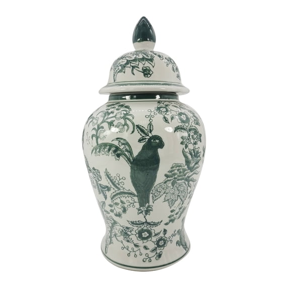 Galt International Jasper Green Parrot Chinoiserie Ceramic Jar 18"