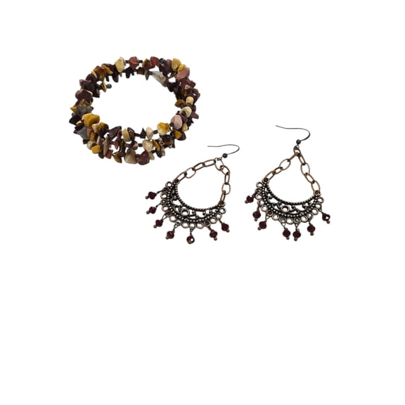 Mookaite Bracelet and Copper Crystal Chandelier Earring Jewelry Set