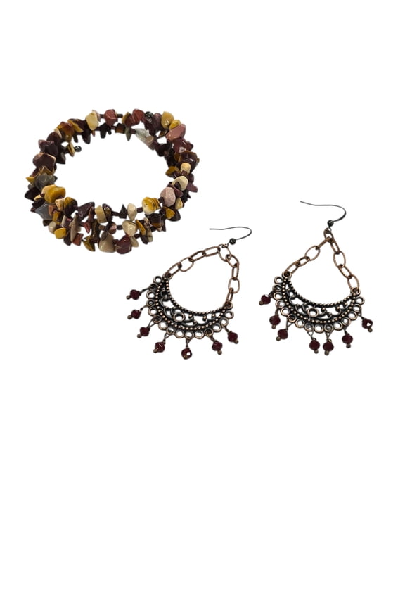 Mookaite Bracelet and Copper Crystal Chandelier Earring Jewelry Set