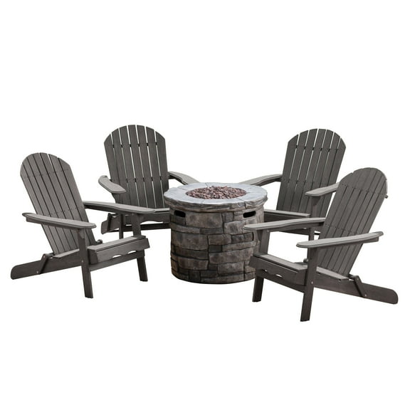 Jasper Outdoor Acacia Wood 4 Seater Adirondack Chair Set with Fire Pit, Dark Gray and Gray