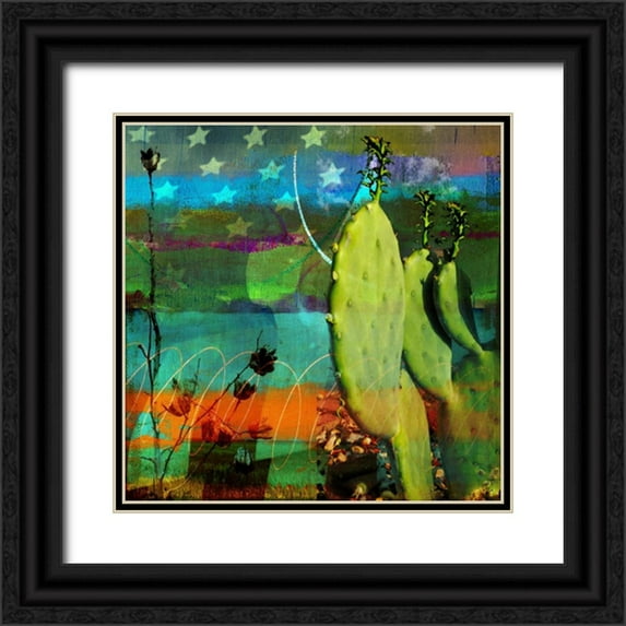 Jasper, Sisa 26x26 Black Ornate Wood Framed with Double Matting Museum Art Print Titled - Cactus and Flag Collage