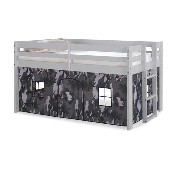 Jasper Twin Junior Loft Bed, Dove Gray Frame & Gray Camouflage Bottom Playhouse Tent