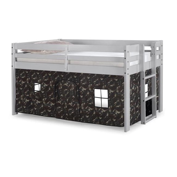 Jasper Twin Junior Loft Bed, Dove Gray Frame & Green Camouflage Bottom Playhouse Tent