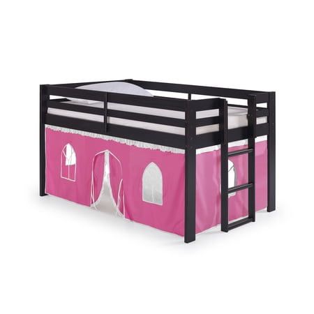 Jasper Twin Junior Loft Bed, Espresso Frame and Pink/White Bottom Playhouse Tent