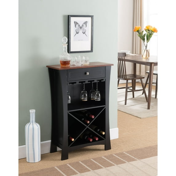 Jasper Wine Storage & Bar Cabinet With Glass Holders & Drawer, Black & Natural Wood, Transitional
