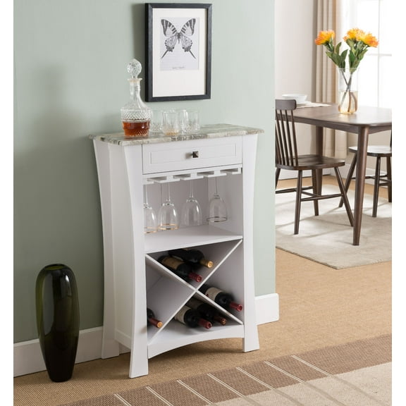 Jasper Wine Storage & Bar Cabinet With Glass Holders & Drawer, White & Marble Wood, Transitional