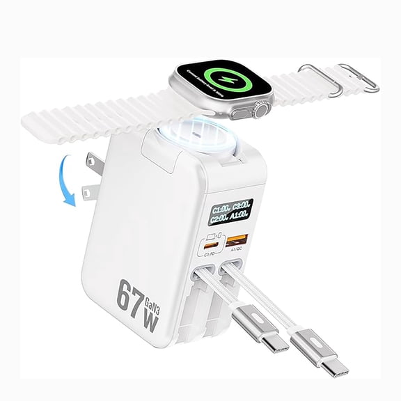 Jasput 67W Retractable Phone Charger Wall Plug, 5 in 1 Retractable Wall Charger with Watch Chargers&USB C&USB A Port,PD Fast Charging Block for Watch,Phone 17 16 15 14 13,Galaxy 25 24