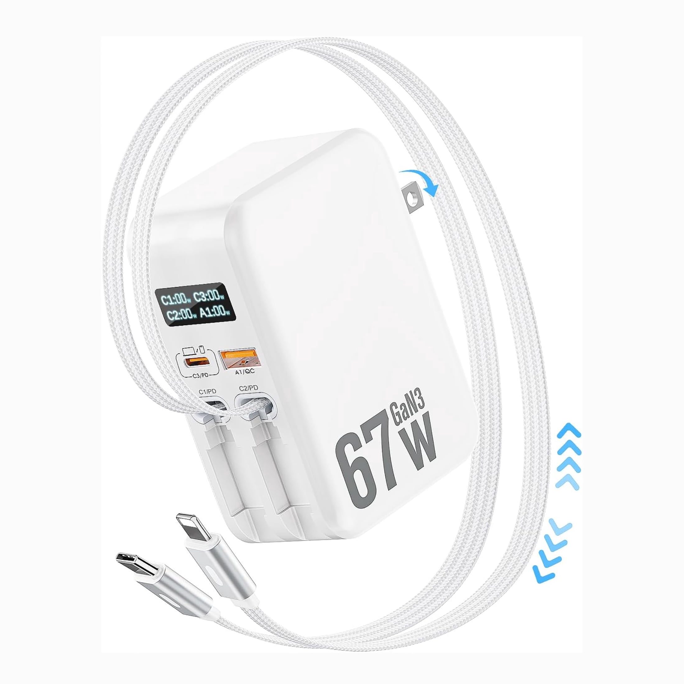Jasput 67W Retractable Phone Wall Charger,4 in 1Wall Charger with Dual Cables &2 Ports&LED Display,PD 30W USB C Fast Charging Block for Phone 17 16 15 14 13 Pro Max,Galaxy 25 24, Tablet