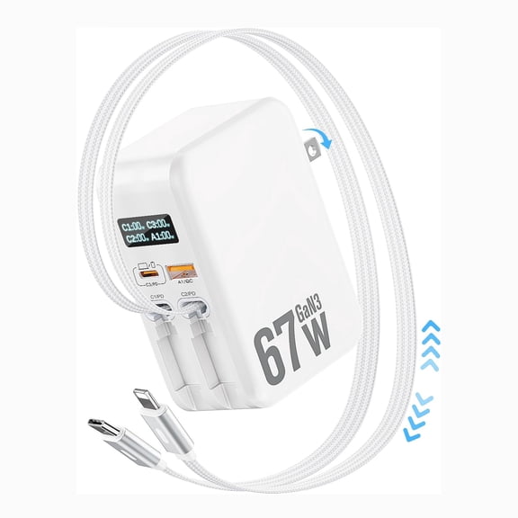 Jasput 67W Retractable Phone Wall Charger,4 in 1Wall Charger with Dual Cables &2 Ports&LED Display,PD 30W USB C Fast Charging Block for Phone 17 16 15 14 13 Pro Max,Galaxy 25 24, Tablet